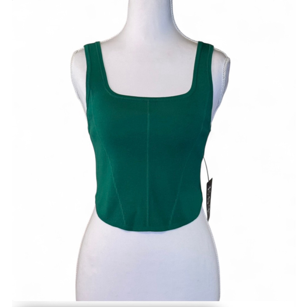 💚New In Green Ribbed Crop Tank Top Square Neck Stretch Size M